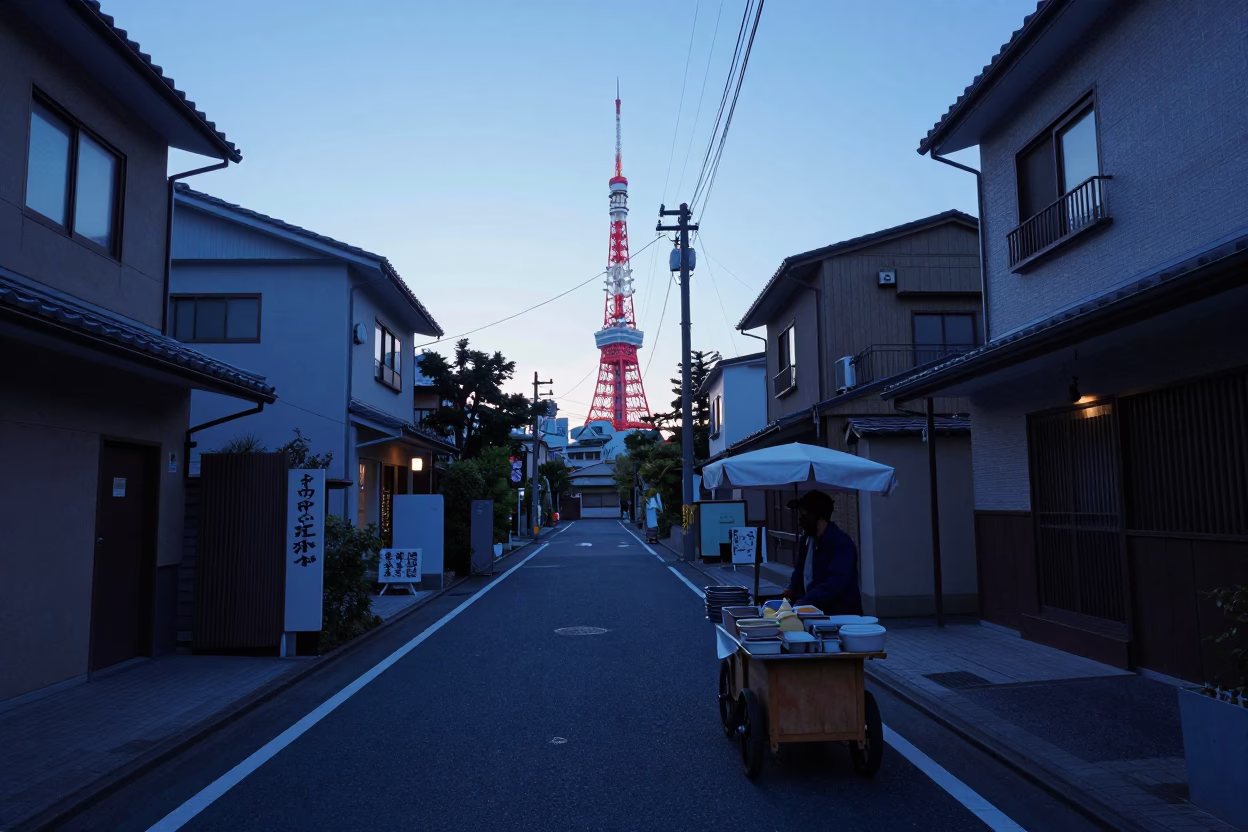 Tokyo Nautical Dawn Street Scene with Local Vendor and Jade Plant Bonsai in in Tokyo, Japan