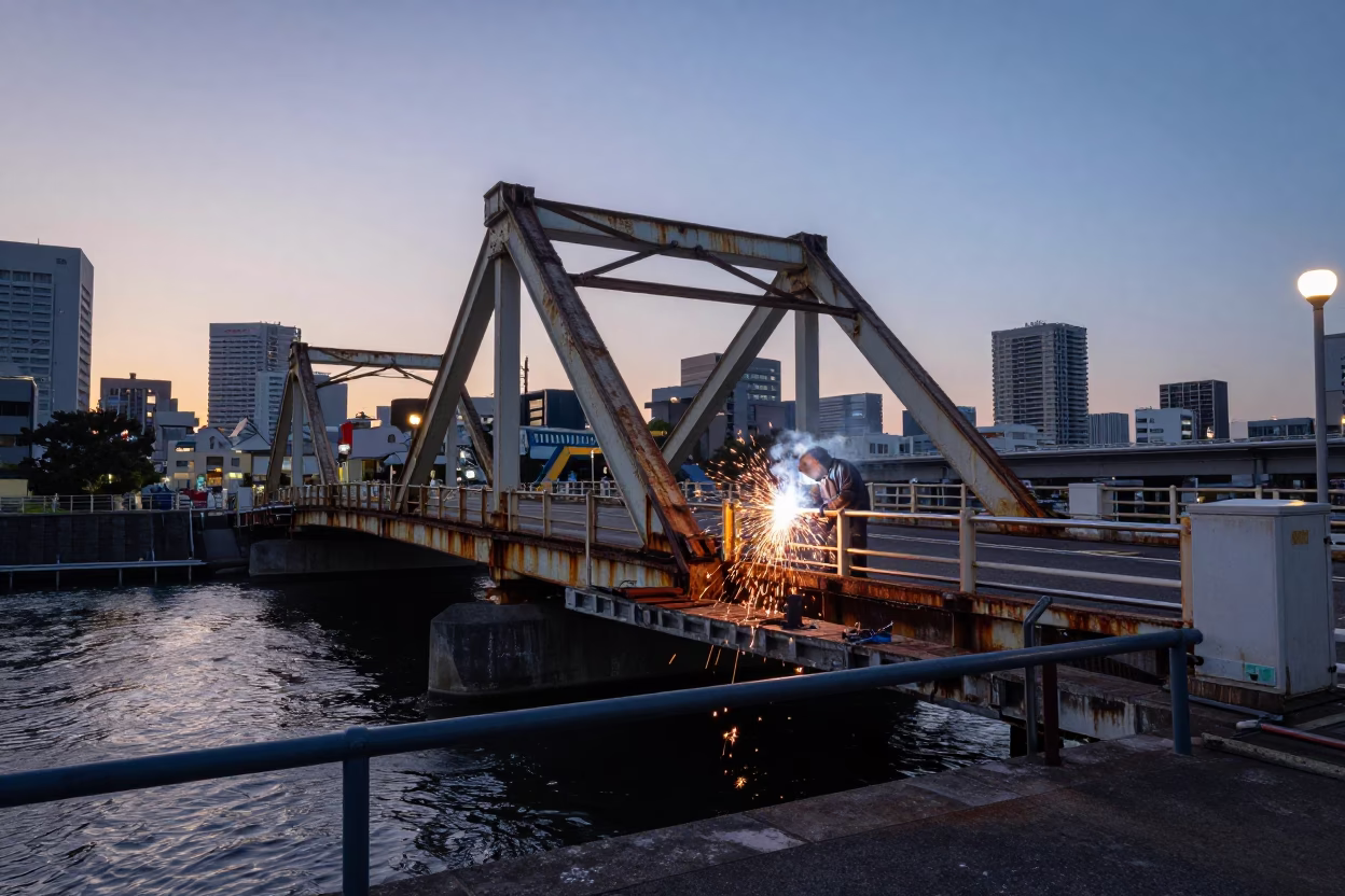 Tokyo Nautical Dawn Street Scene with Rusted Drawbridge and Welding Sparks in in Tokyo, Japan