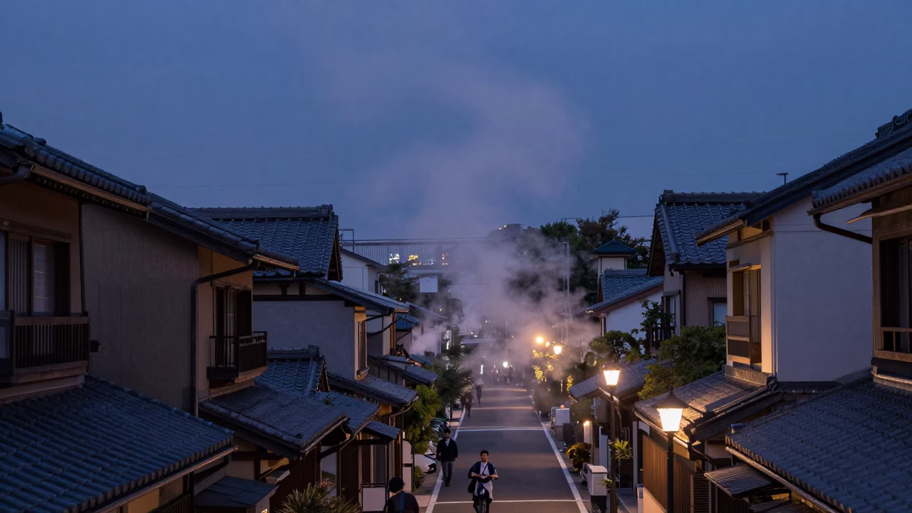 Tokyo Nautical Dawn Street Scene with Steam Haze and Udon Bowl in in Tokyo, Japan