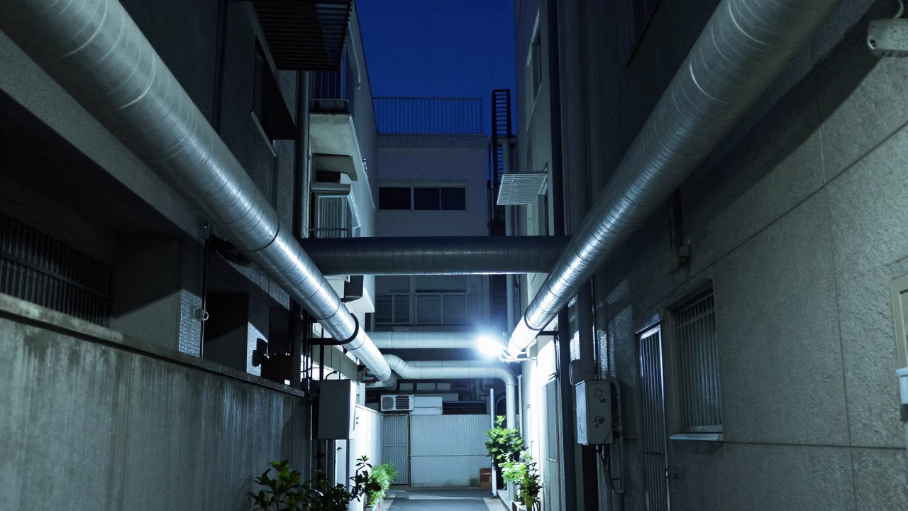 Tokyo Night Alley with District Heating Pipes and Blue Porcelain Bowl in in Tokyo, Japan
