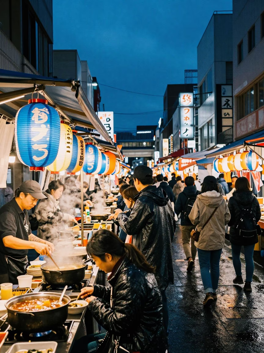 Tokyo Night Market Indigo Twilight Lanterns and Street Food Vendor in in Tokyo, Japan