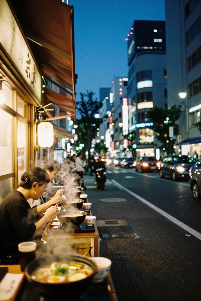 Tokyo Night Scene with Glowing City Lights and Street Food Vendor in in Tokyo, Japan