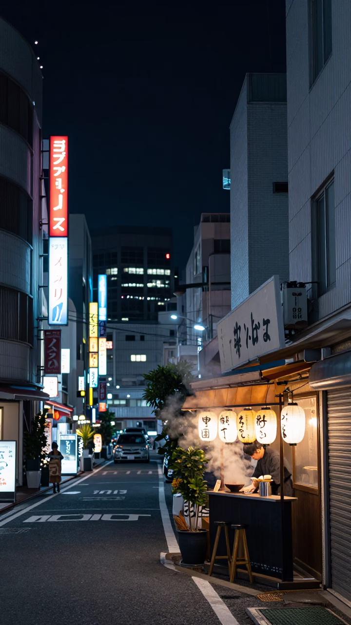 Tokyo Night Sky Street Scene with Neon Lights and Quiet Urban Atmosphere in in Tokyo, Japan
