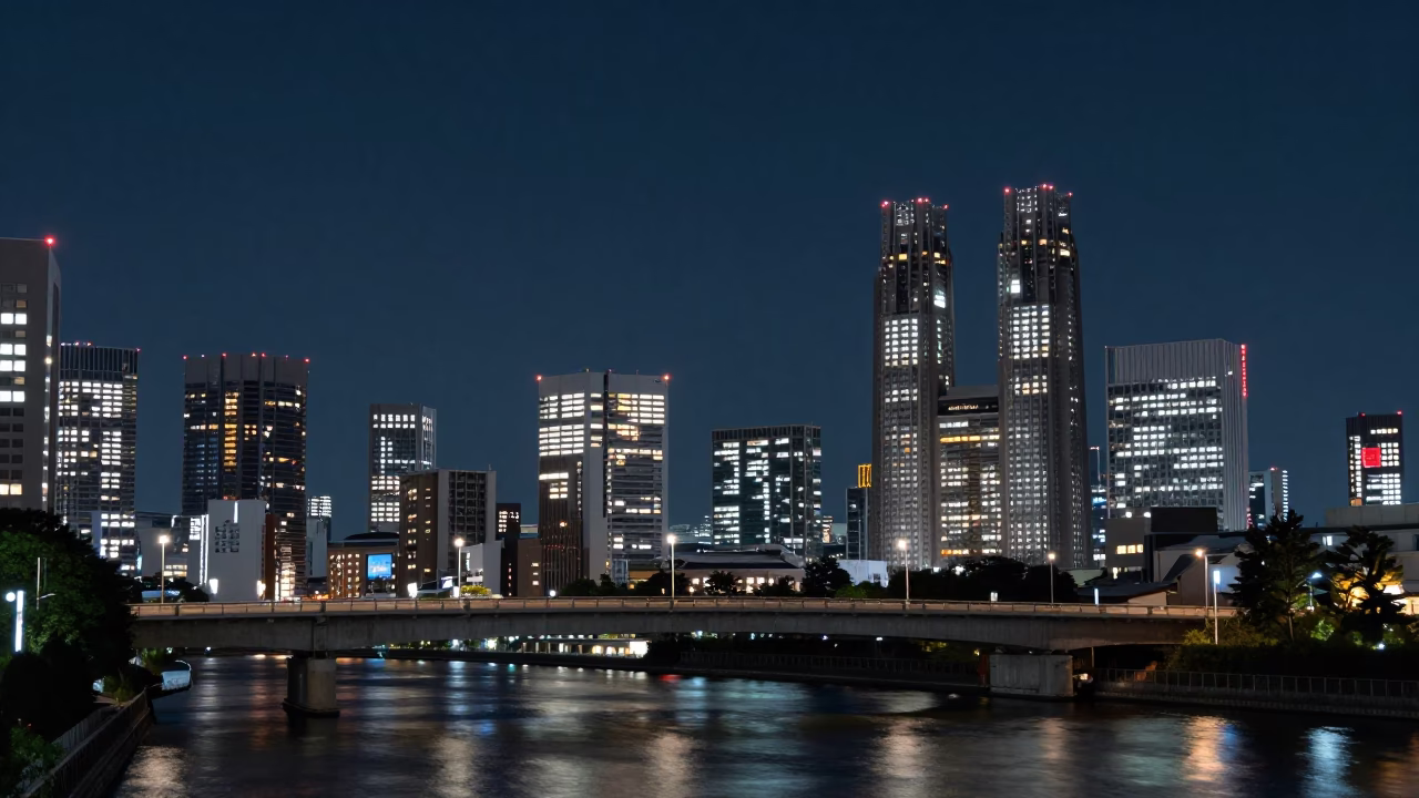 Tokyo Night Skyline from Shinjuku Riverbank with Concrete Bridge Pier and Muddy Water in in Tokyo, Japan