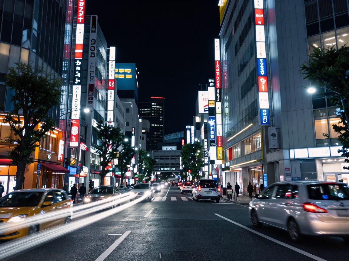 Tokyo Night Street Scene with Long Exposure Car Headlights and Urban Details in in Tokyo, Japan