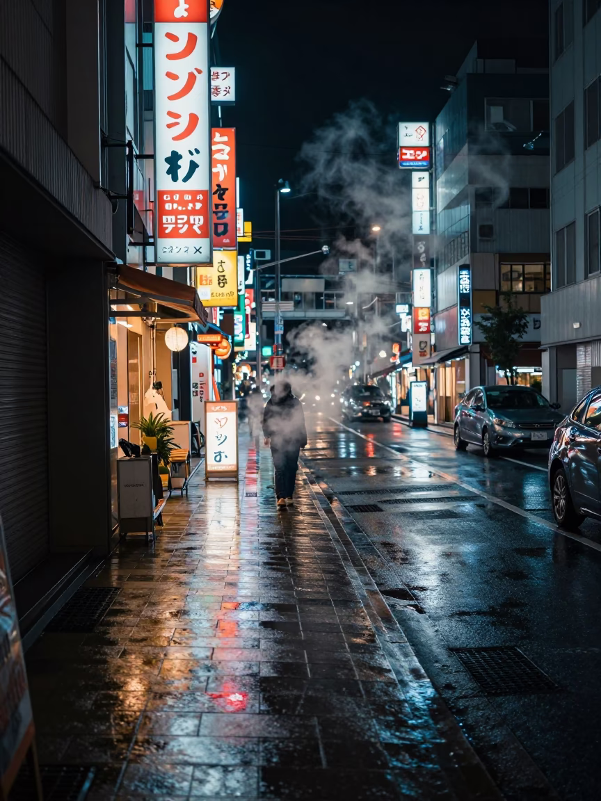Tokyo Night Street Scene with Neon Reflections and Steam from Underground Vent in in Tokyo, Japan
