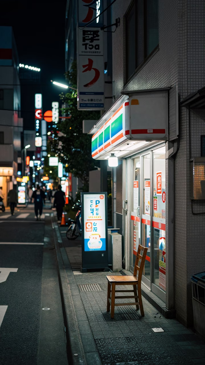 Tokyo Night Street Scene with Neon Reflections and Vintage Street Furniture in in Tokyo, Japan