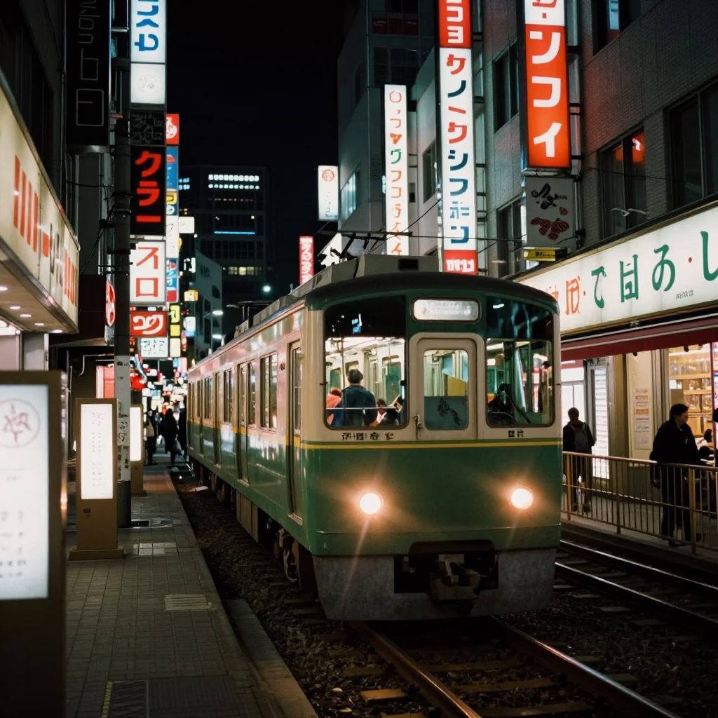 Tokyo Night Street Scene with Neon Signs and Narrow Gauge Train in in Tokyo, Japan