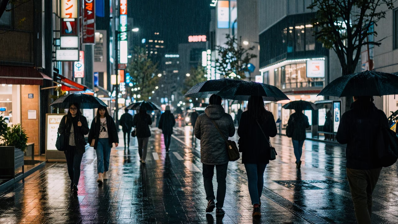 Tokyo Night Street Scene with Raincoats and Neon Reflections in in Tokyo, Japan
