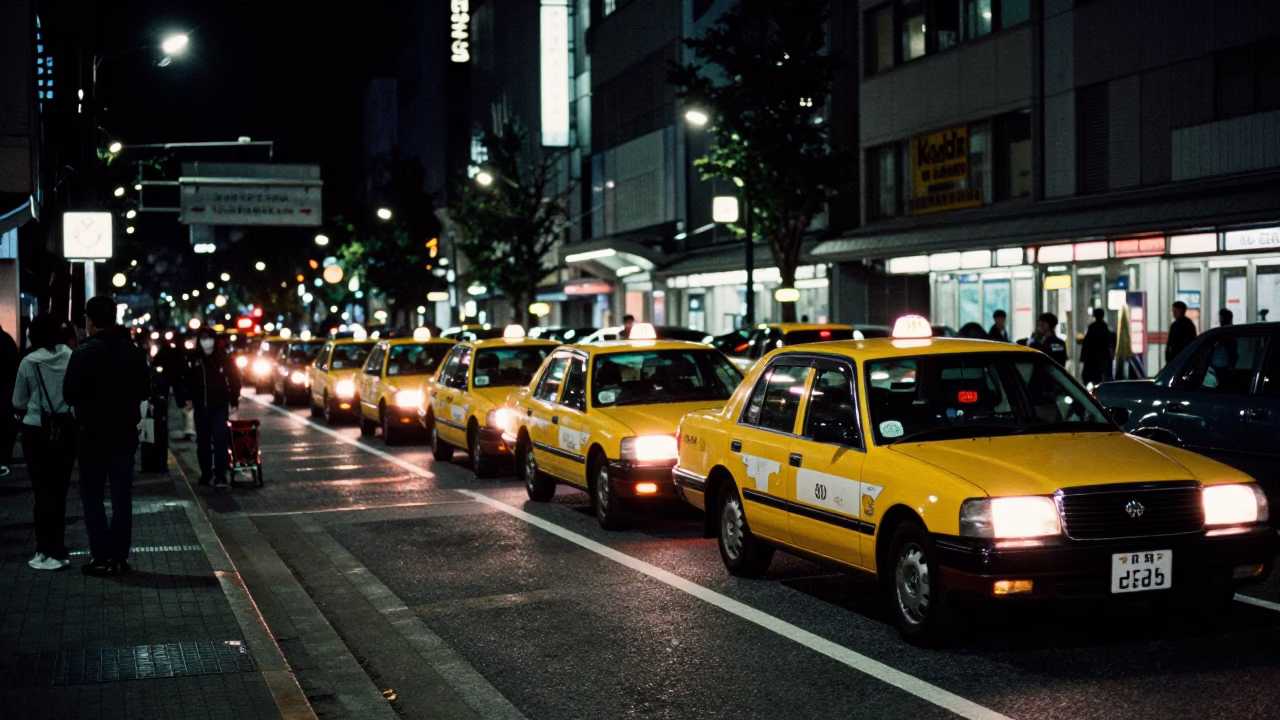 Tokyo Night Street Scene with Taxi Rank and Urban Neon Lighting in in Tokyo, Japan
