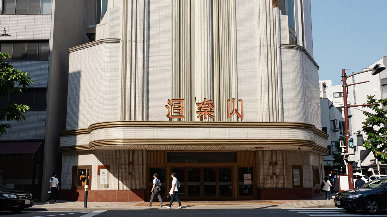 Tokyo Noon Street Scene with Art Deco Cinema Facade and Urban Life in in Tokyo, Japan