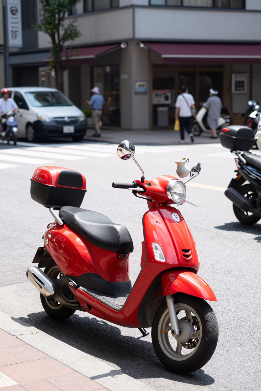 Tokyo Noon Street Scene with Scooter and Ceramic Pitcher in in Tokyo, Japan
