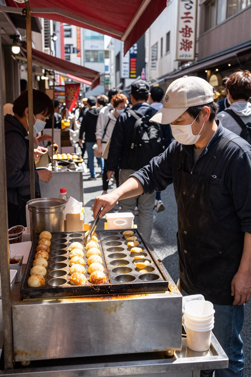 Tokyo Noon Street Scene with Takoyaki Vendor and Crowded Sidewalk in in Tokyo, Japan