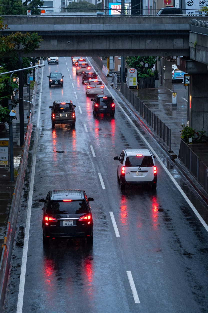 Tokyo Overpass Interchange Glowing With Taillights After Rain at Late Morning in in Tokyo, Japan