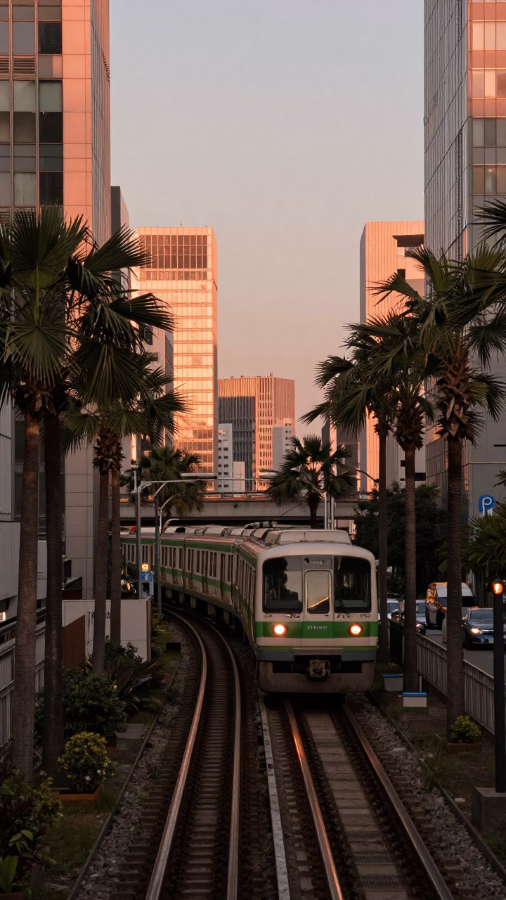 Tokyo Palm Trees at Copper-toned Light Before Dusk in in Tokyo, Japan