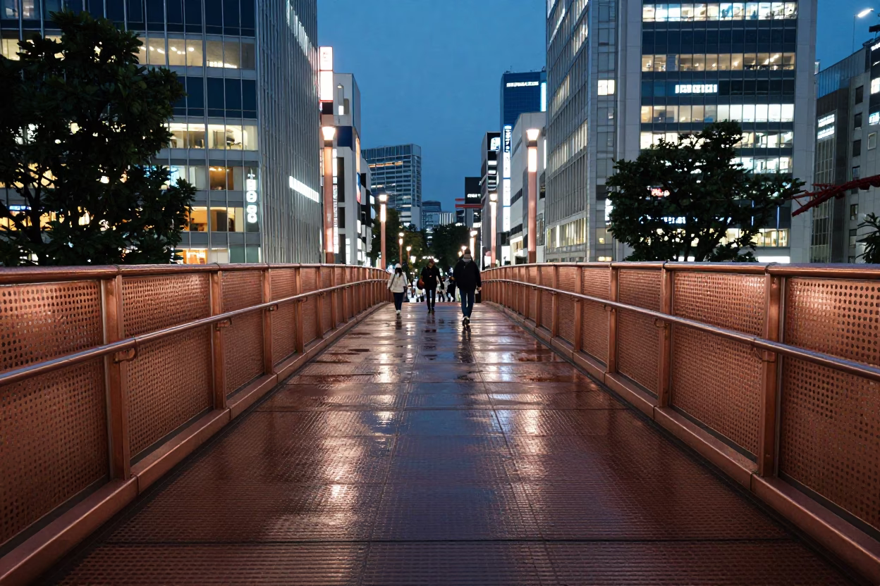 Tokyo Pedestrian Overpass Perforated Metal Wet Footsteps Copper Dusk Street Scene in in Tokyo, Japan