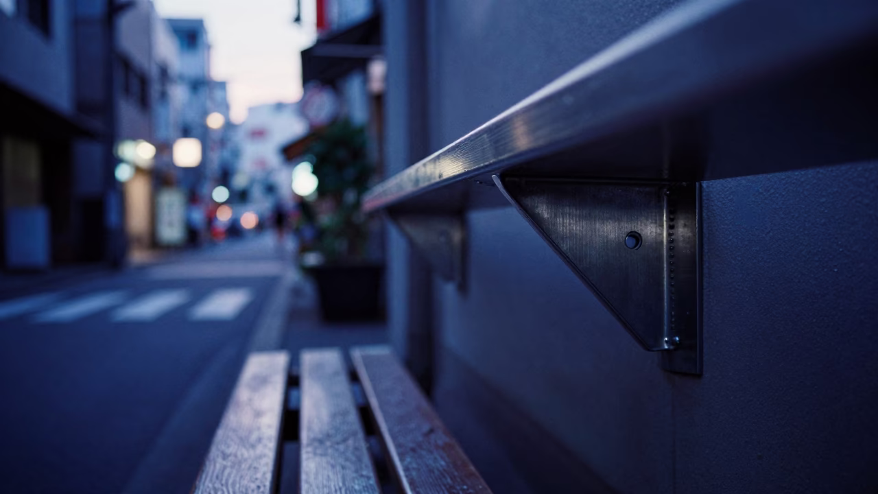 Tokyo Pre-Dawn Street Scene with Brushed Steel Bracket and Workbench in in Tokyo, Japan