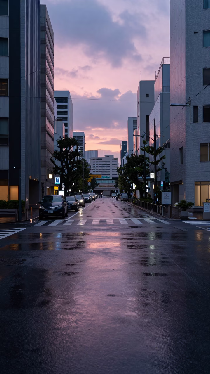 Tokyo Pre-Dawn Street Scene with Neon Reflections and Urban Details in in Tokyo, Japan