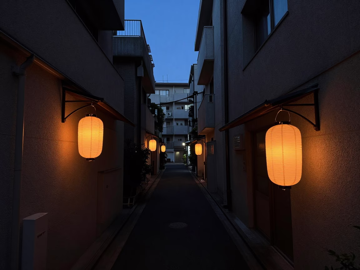 Tokyo Predawn Street Scene with Paper Lanterns and Concrete Architecture in in Tokyo, Japan