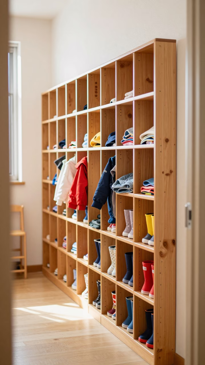 Tokyo Preschool Cubby Wall With Tiny Jackets and Boots in Late Morning Light in in Tokyo, Japan