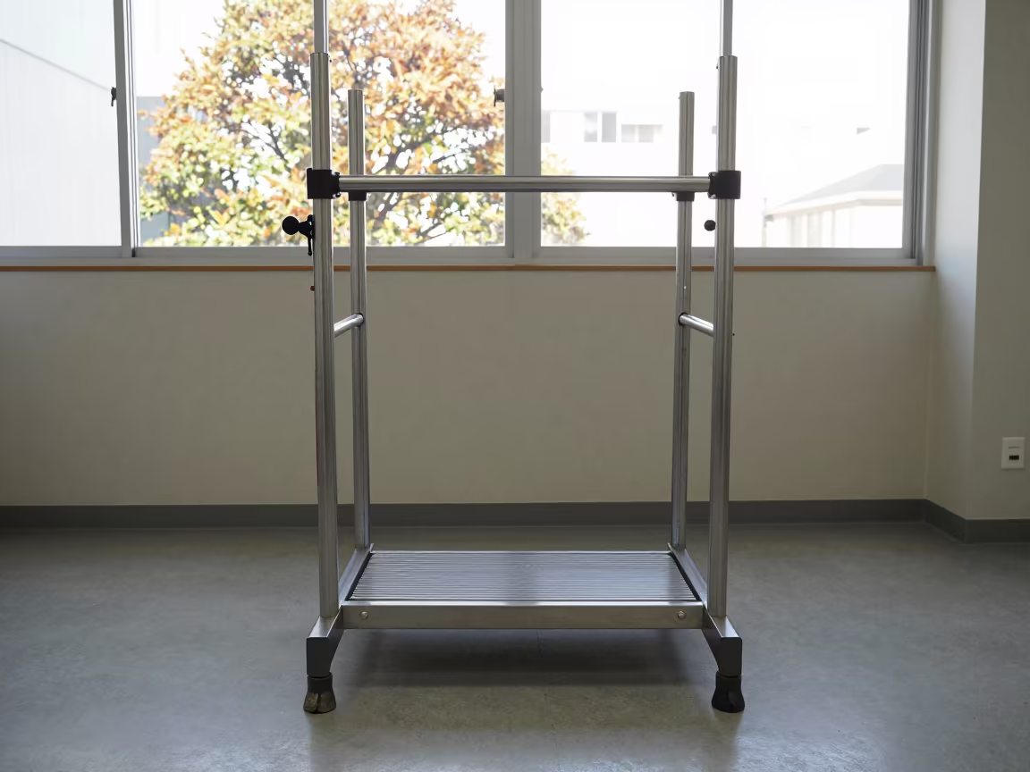 Tokyo Rehab Balance Board Rack in Late Afternoon Light in inside a rehabilitation therapy room near Ginza, Tokyo