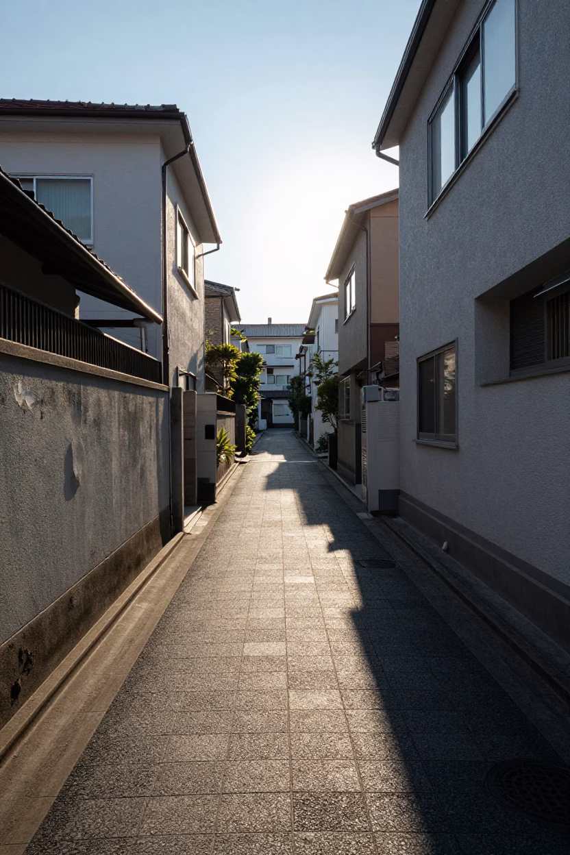 Tokyo Residential Alleyway Late Afternoon Sunlight on Weathered Concrete and Metal Details in in Tokyo, Japan