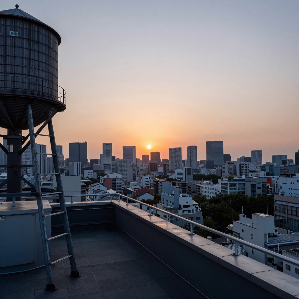 Tokyo Rooftop Terrace at As The Sun Drops Toward The Horizon in in Tokyo, Japan