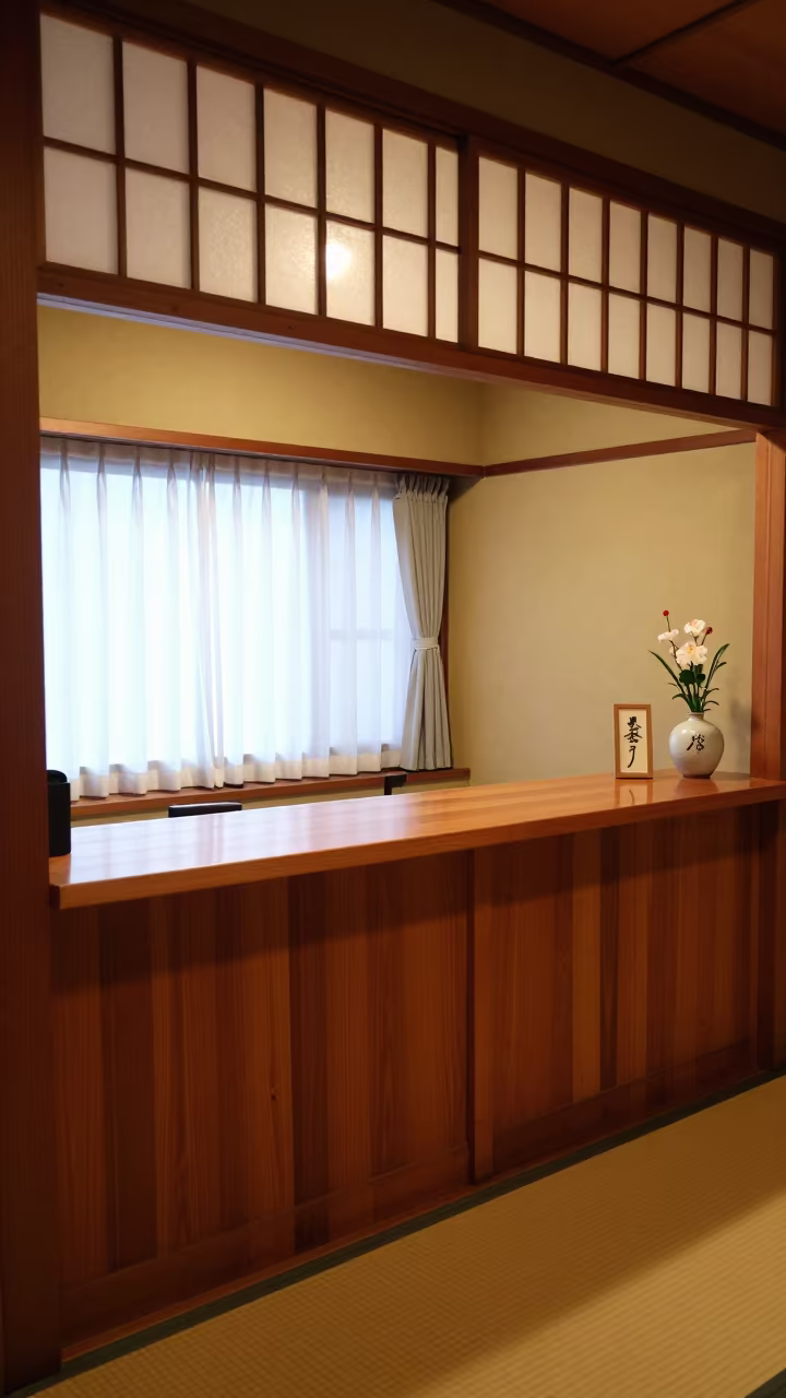 Tokyo Ryokan Dawn Reception Desk Warm Light in at a reception desk under warm light in Tokyo