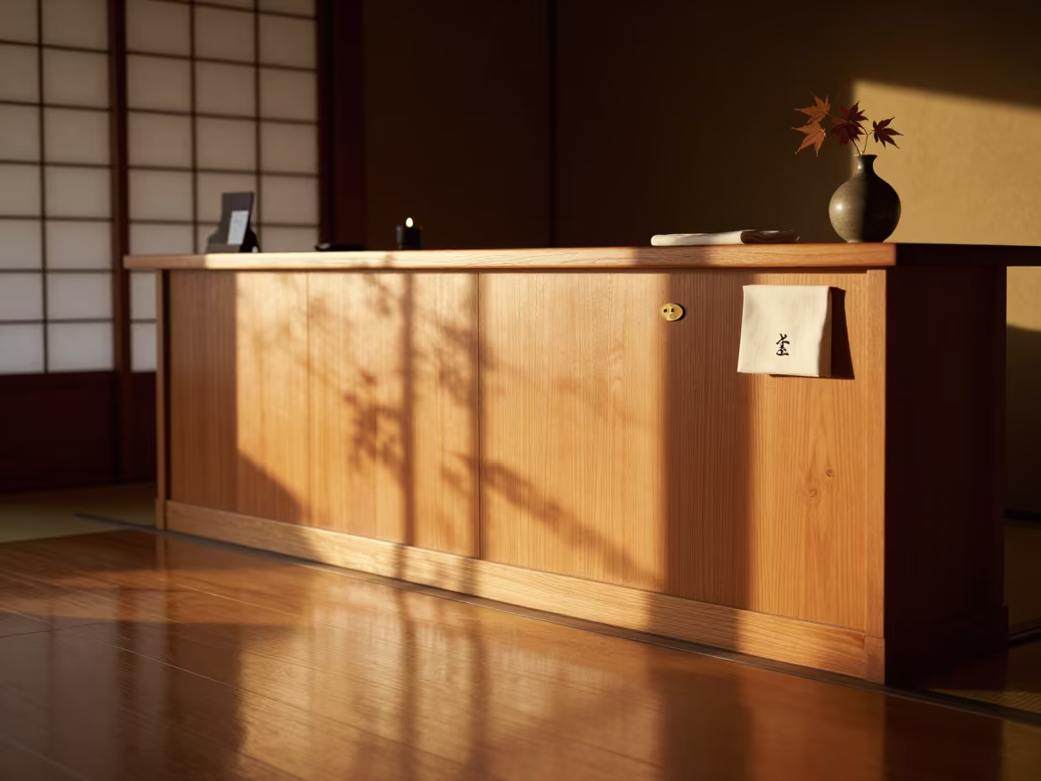 Tokyo Ryokan Reception Desk Sunset Glow in at a reception desk under warm light in Tokyo