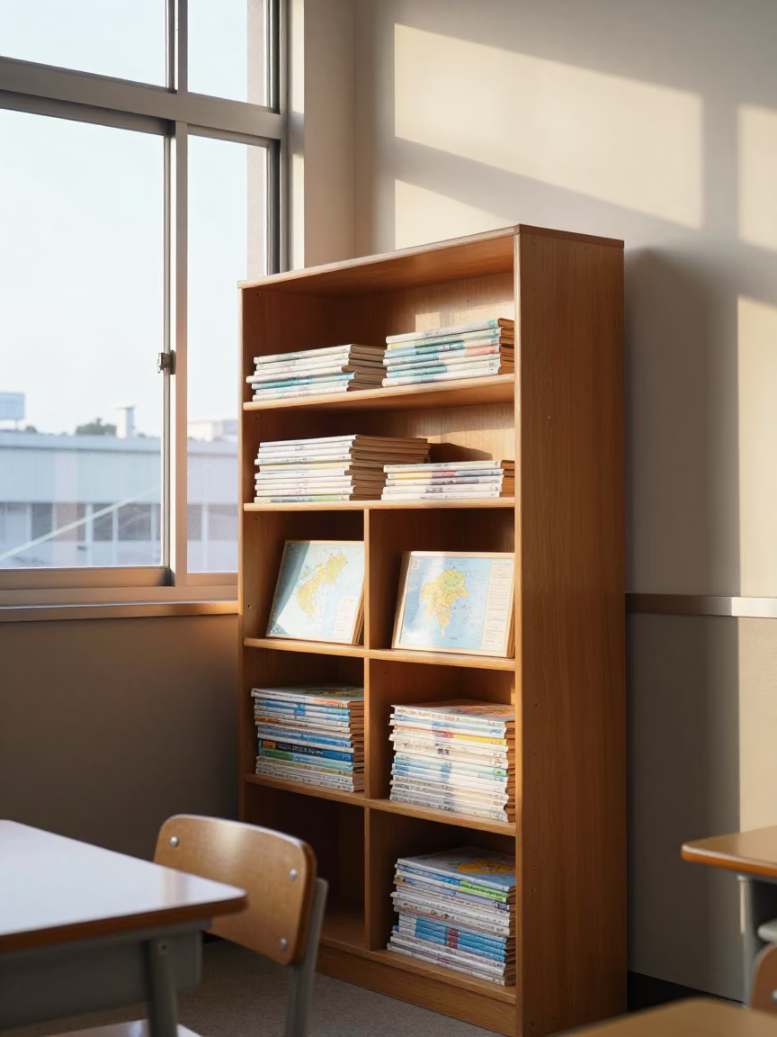 Tokyo School Classroom Morning Light with Atlas Bookshelf and Steel Bracket in in Tokyo, Japan