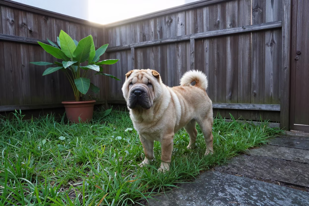 Tokyo Shar-Pei in Early Summer Morning Light in in a small yard with clipped grass, calm light, and the animal centered in frame in Tokyo