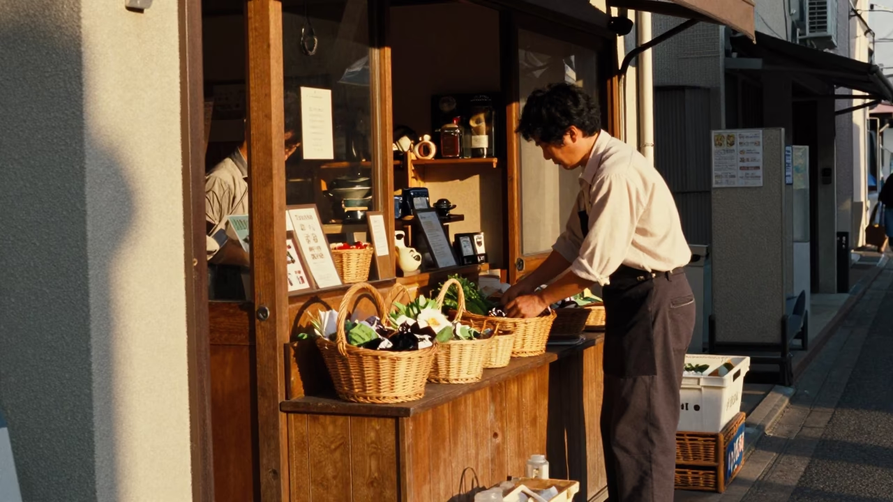 Tokyo shopkeeper arranging goods in warm late afternoon light in in Tokyo, Japan
