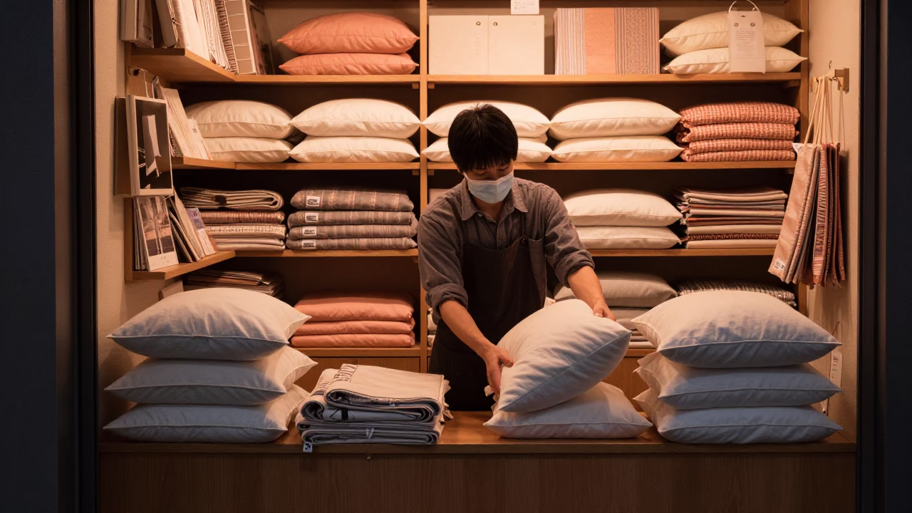Tokyo Shopkeeper Arranging Pillow Covers in Warm Copper Dusk Light in in Tokyo, Japan