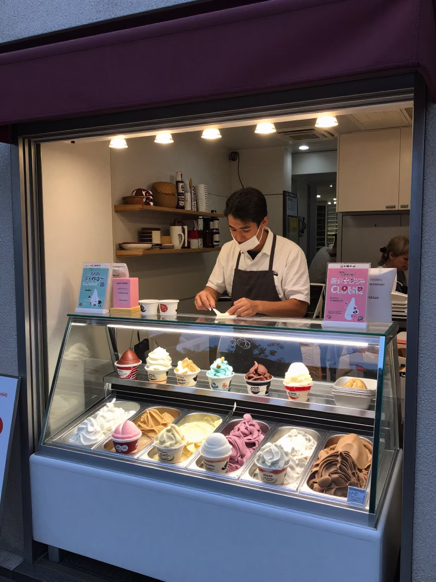 Tokyo Shopkeeper Serving Gelato in Early Evening Window Display 1970s in in Tokyo, Japan