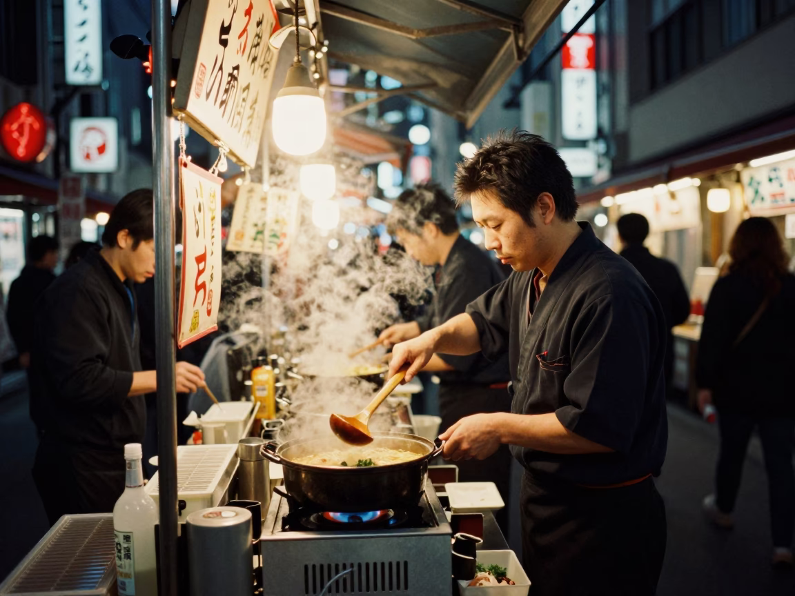 Tokyo Steaming Ramen at As City Lights Begin To Glow in in Tokyo, Japan