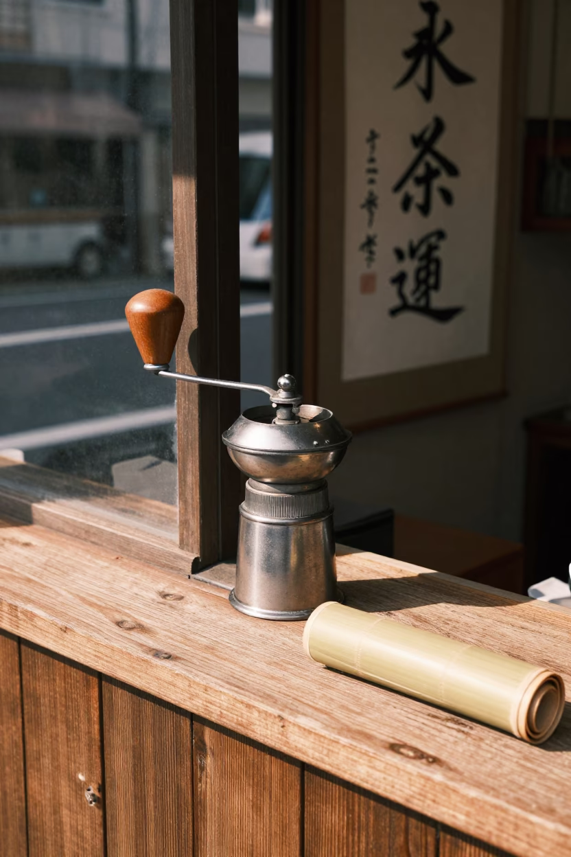 Tokyo Street Corner Afternoon with Coffee Grinder and Calligraphy Brush Set in in Tokyo, Japan