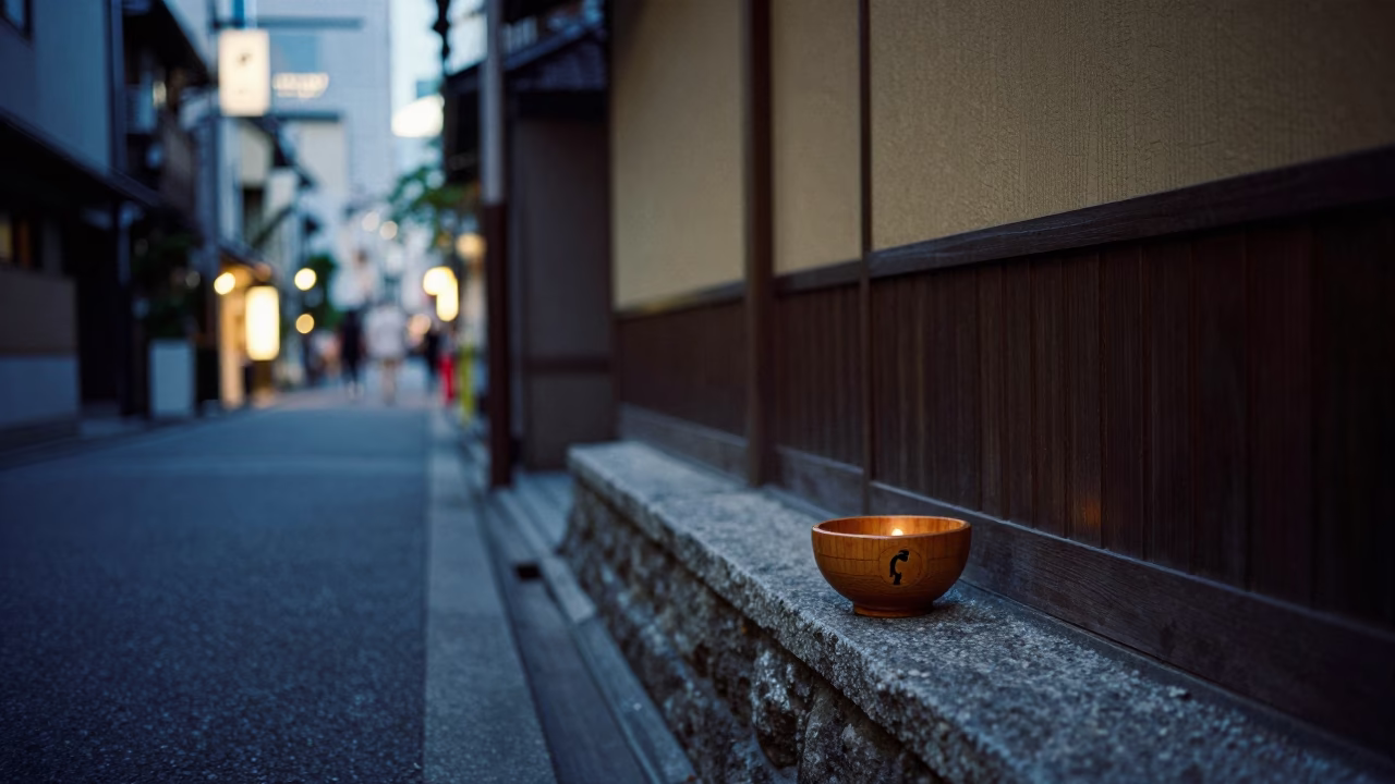 Tokyo Street Corner at Dusk with Key Bowl and Urban Neon Reflections in in Tokyo, Japan