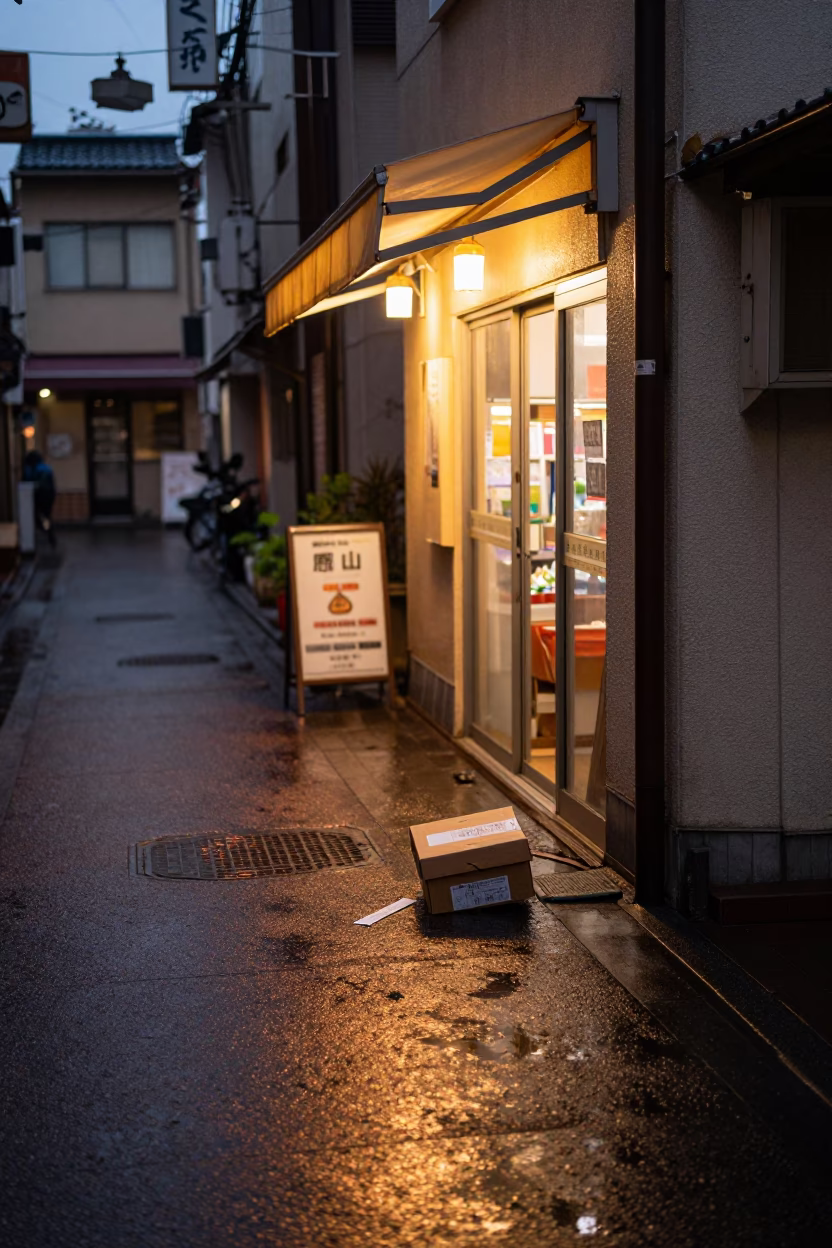 Tokyo Street Corner at Dusk with Shoebox and Bookmark Amidst Urban Life in in Tokyo, Japan