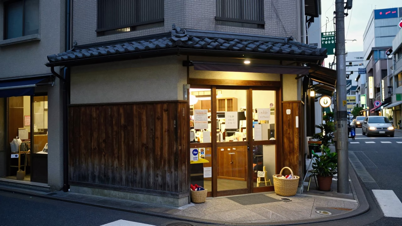 Tokyo Street Corner at Dusk with Woven Basket and Cupboard Doors in in Tokyo, Japan