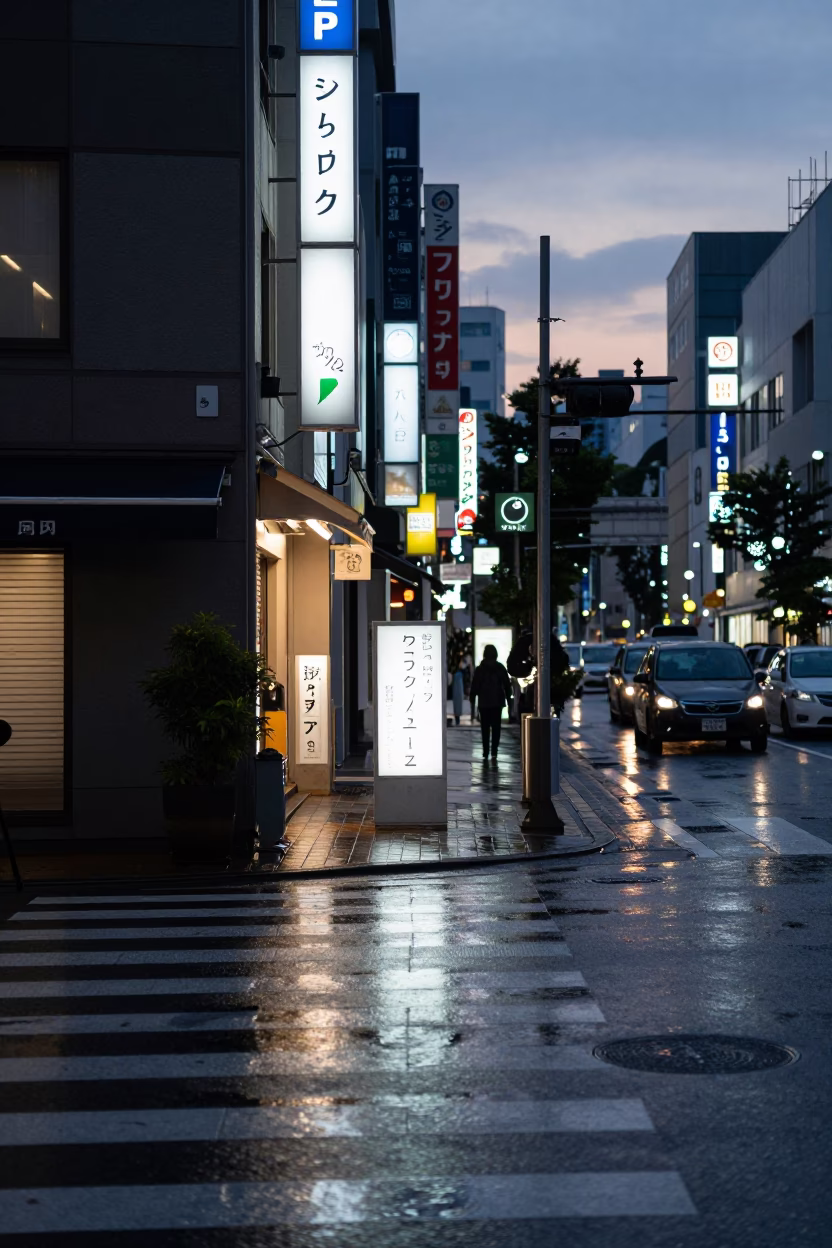 Tokyo street corner before dawn with wet pavement and neon signs reflecting in puddles in in Tokyo, Japan