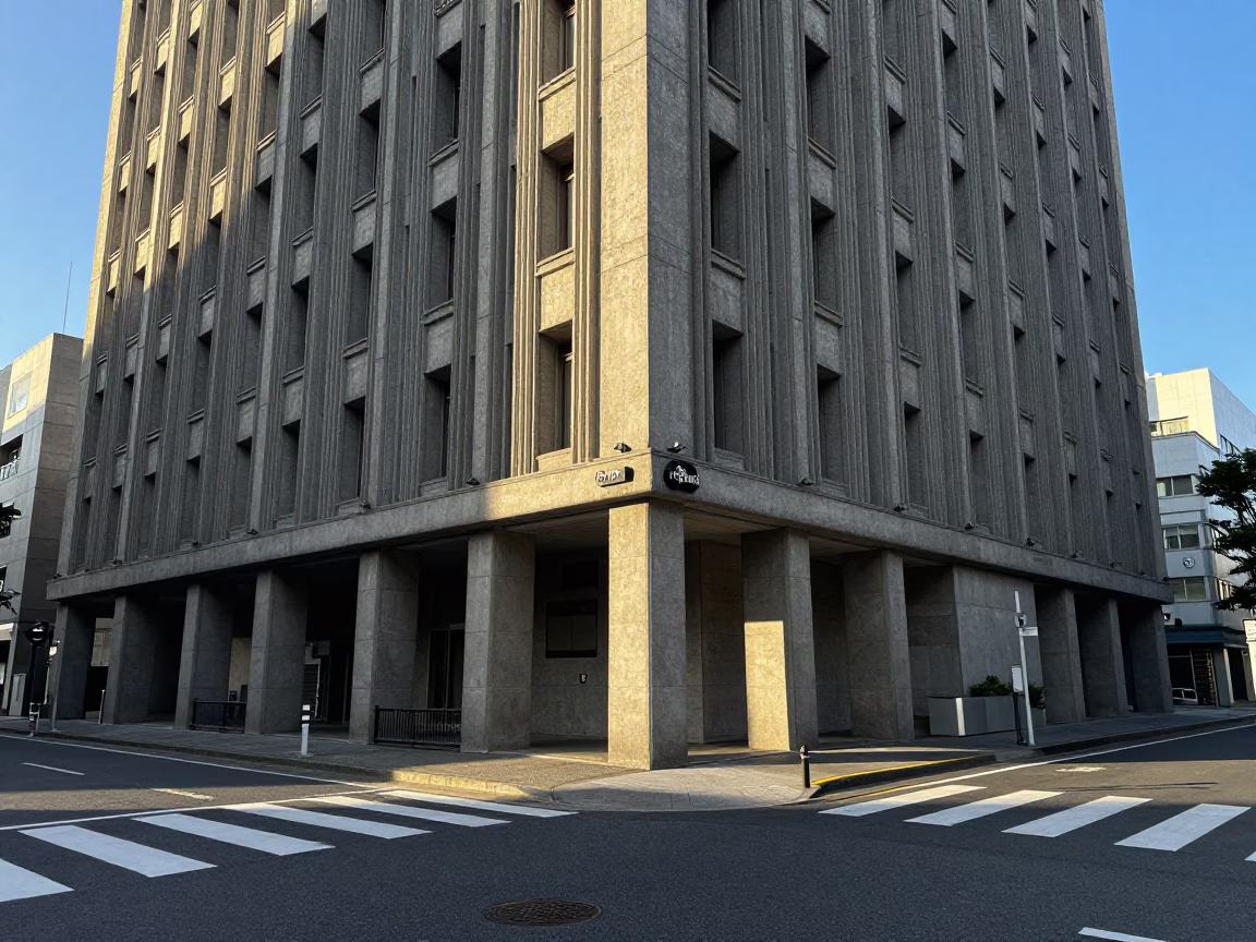 Tokyo Street Corner in Late Afternoon Light with Concrete Brutalist Building and Local Details in in Tokyo, Japan