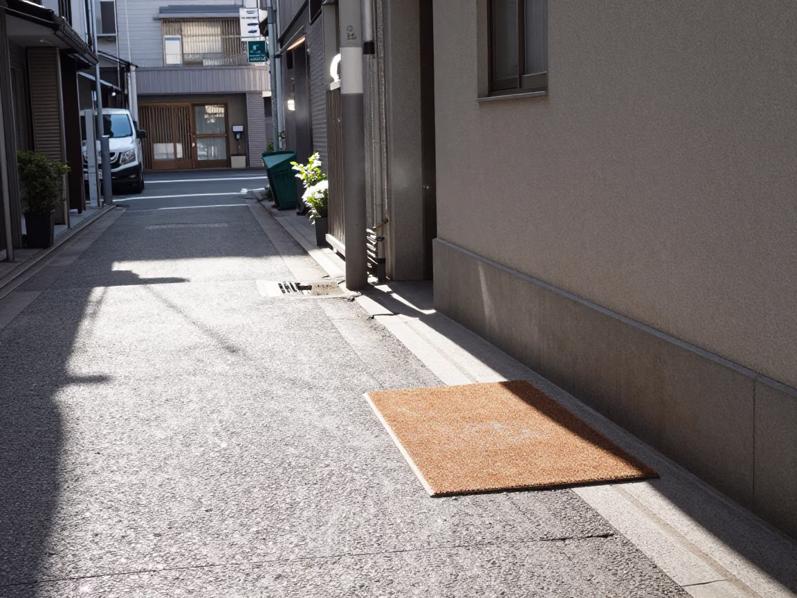 Tokyo Street Corner Morning Scene with Doormat and Urban Details in in Tokyo, Japan