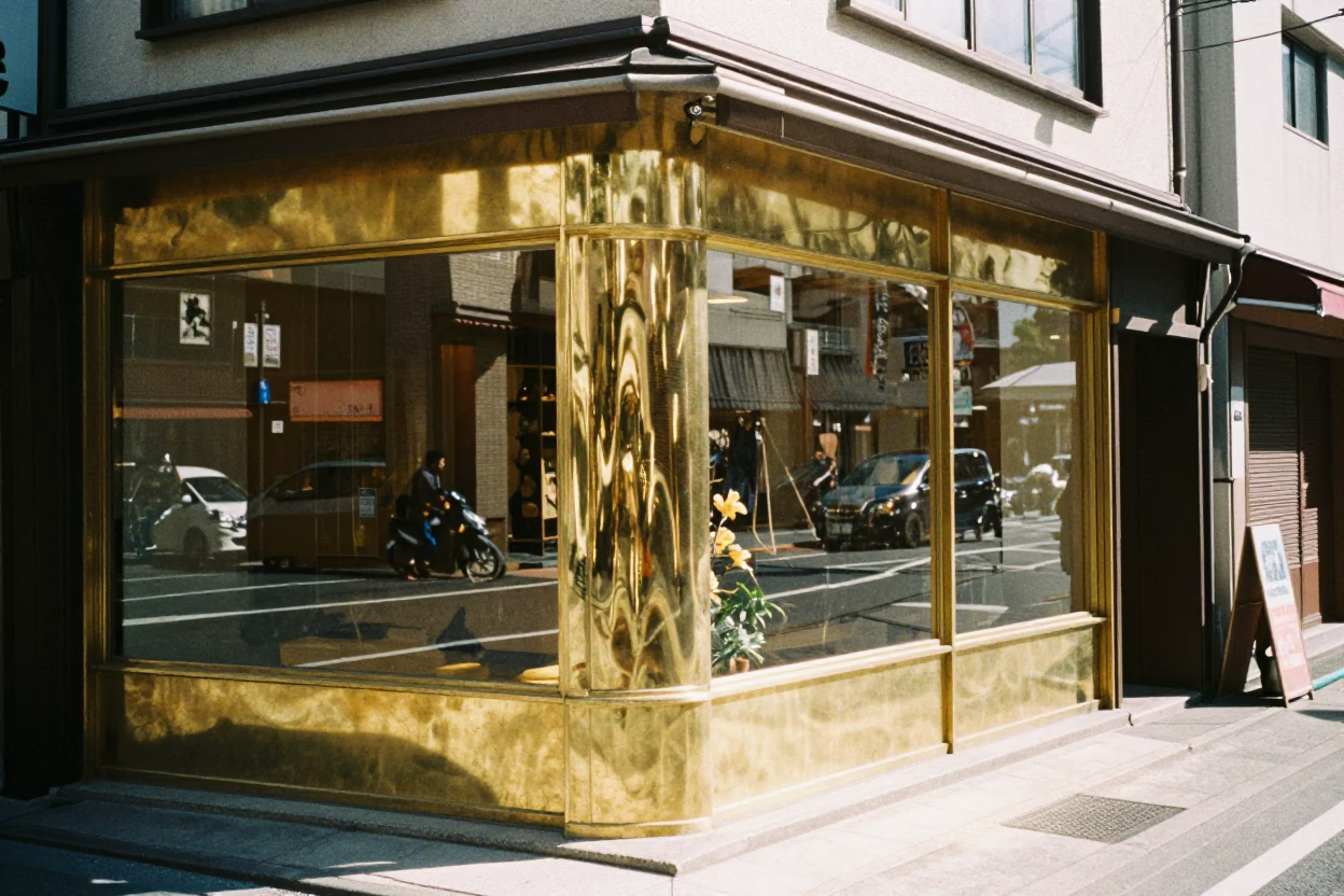 Tokyo Street Corner Noon Sunlight Reflecting Off Polished Brass Window Glass in in Tokyo, Japan
