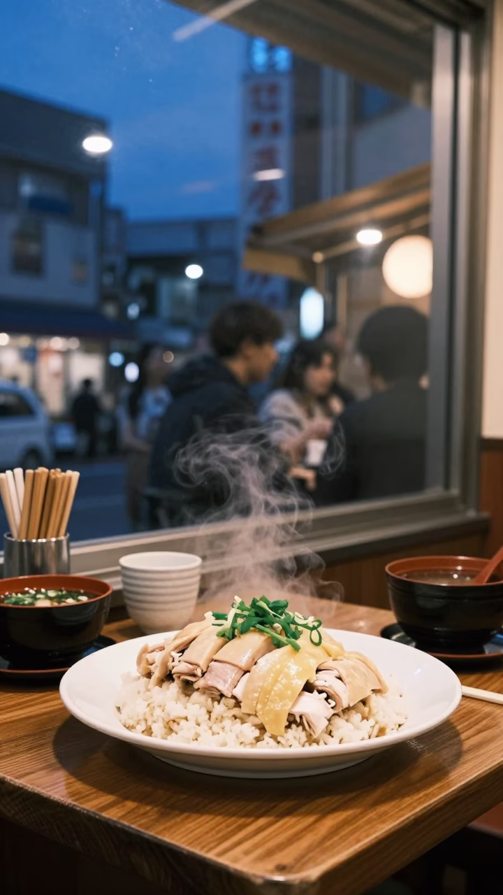 Tokyo Street Diner at Twilight with Hainanese Chicken Rice and Drinking Vessel in in Tokyo, Japan