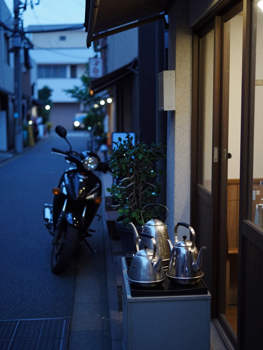 Tokyo Street Evening Scene with Motorcycle and Tea Kettles in Blue Hour in in Tokyo, Japan