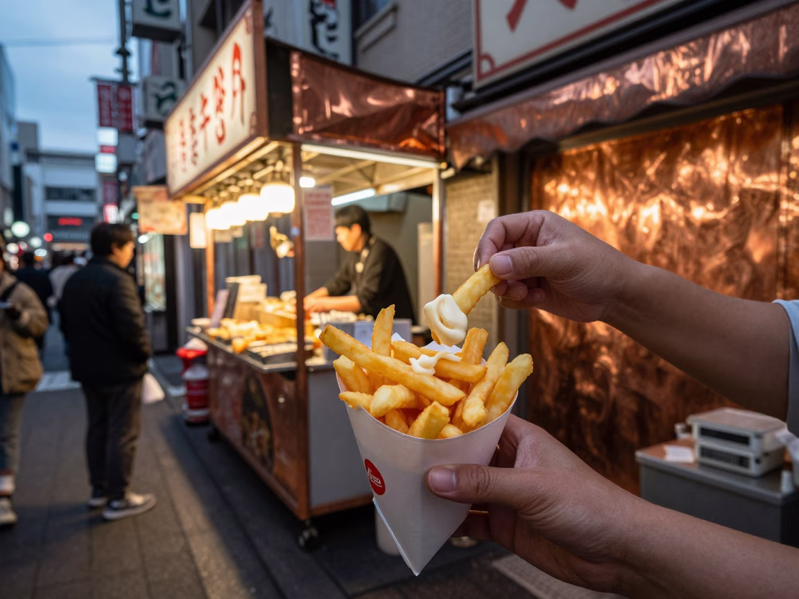 Tokyo street food scene copper dusk light paper cone frites mayonnaise shop front in in Tokyo, Japan