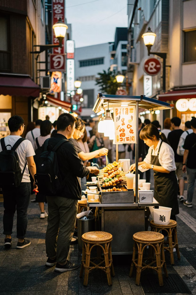 Tokyo Street Food Stall Evening Scene with Rattan Stool and Thermometer in in Tokyo, Japan