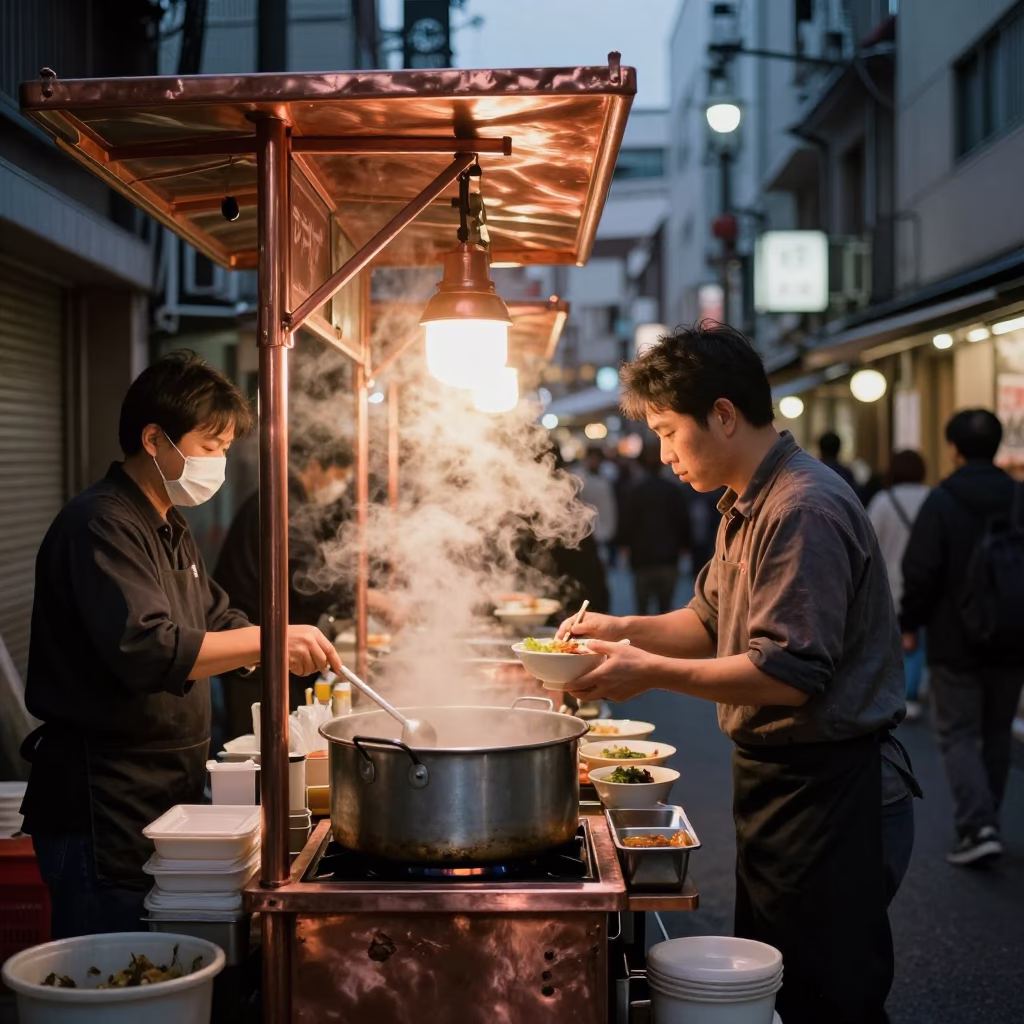 Tokyo Street Food Stall in Copper Dusk Light with Manti Dumplings in in Tokyo, Japan