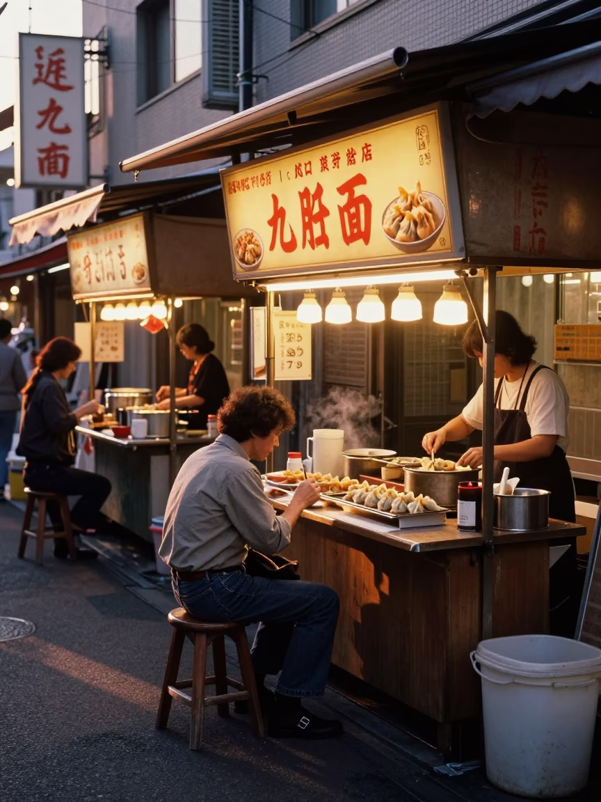 Tokyo Street Food Stall Sunset Gyoza and Khao Soi Dining Scene in in Tokyo, Japan