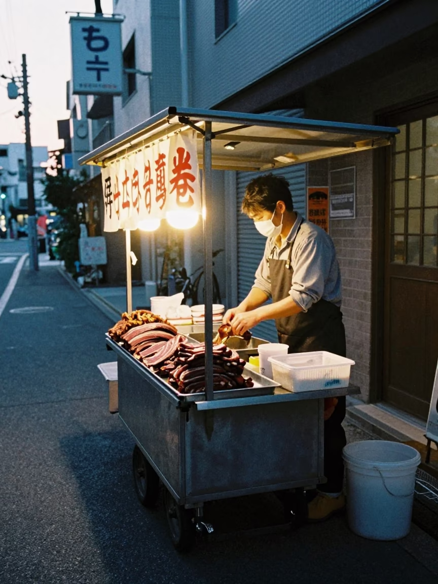 Tokyo street food stall vendor preparing biltong and droëwors at dawn in in Tokyo, Japan
